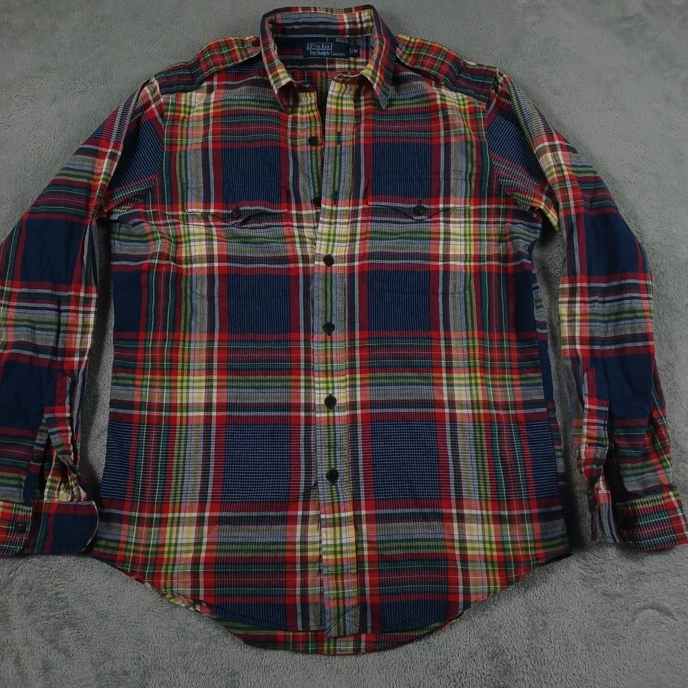 Vintage Polo Ralph Lauren Shirt Mens Medium Red Military‎ Epaulets Plaid 90s